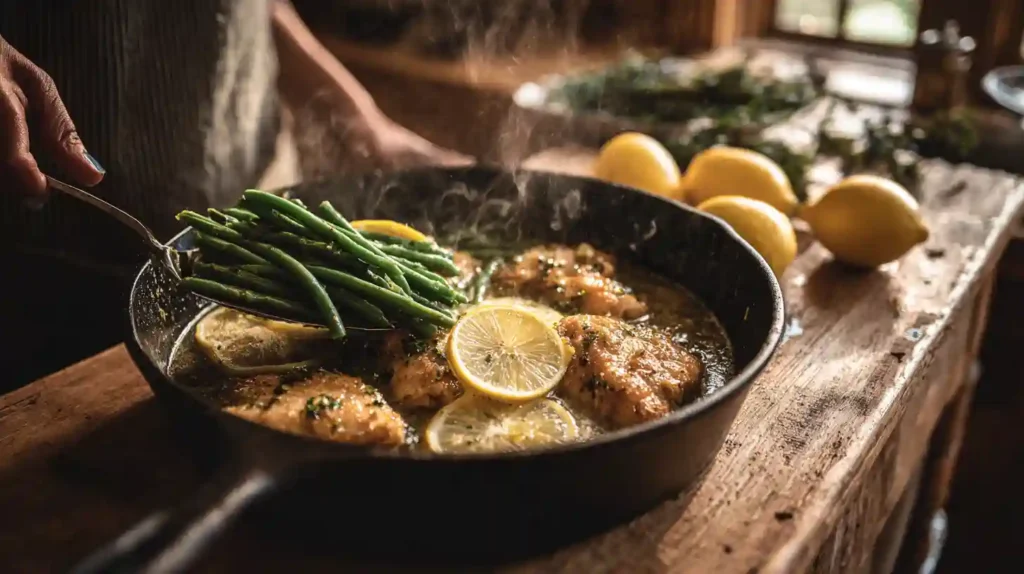 A cast-iron skillet with garlic butter chicken, lemon slices, and fresh green beans being added by hand in a cozy rustic kitchen setting.