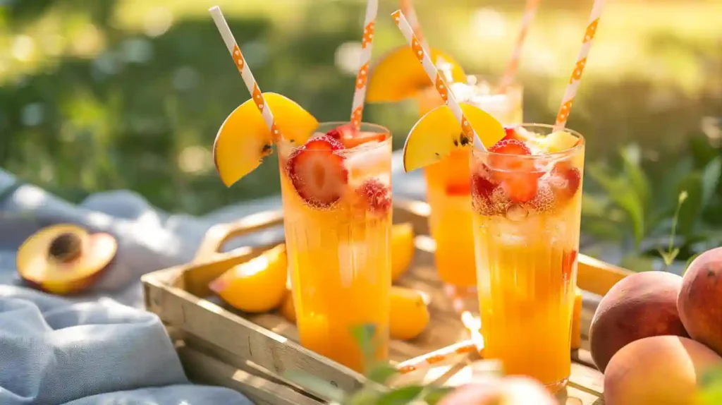 Tall glasses of peach and strawberry summer drinks with straws on a wooden tray in a sunny garden setting.