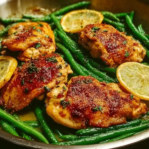 Skillet of golden seared garlic butter chicken thighs with fresh green beans and lemon slices in a rich pan sauce.