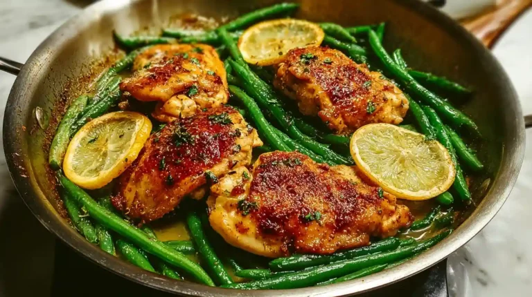 Skillet of golden seared garlic butter chicken thighs with fresh green beans and lemon slices in a rich pan sauce.