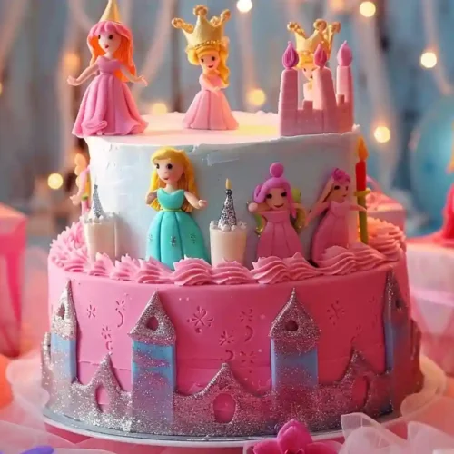 Colorful Princess Birthday Cake decorated with fondant princesses, castles, and candles at a themed party table.