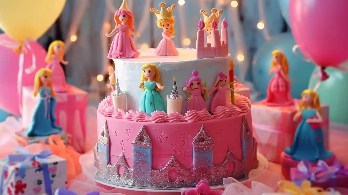 Colorful Princess Birthday Cake decorated with fondant princesses, castles, and candles at a themed party table.
