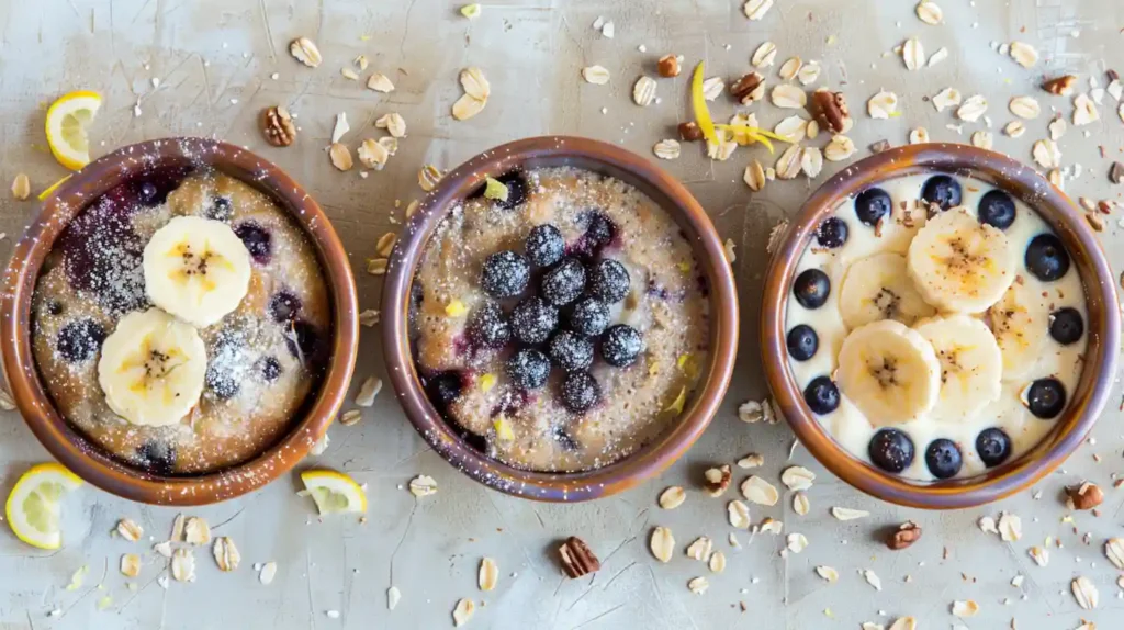 Three individual blueberry buttermilk pancake casseroles in ceramic bowls, topped with banana slices, blueberries, oats, and powdered sugar.