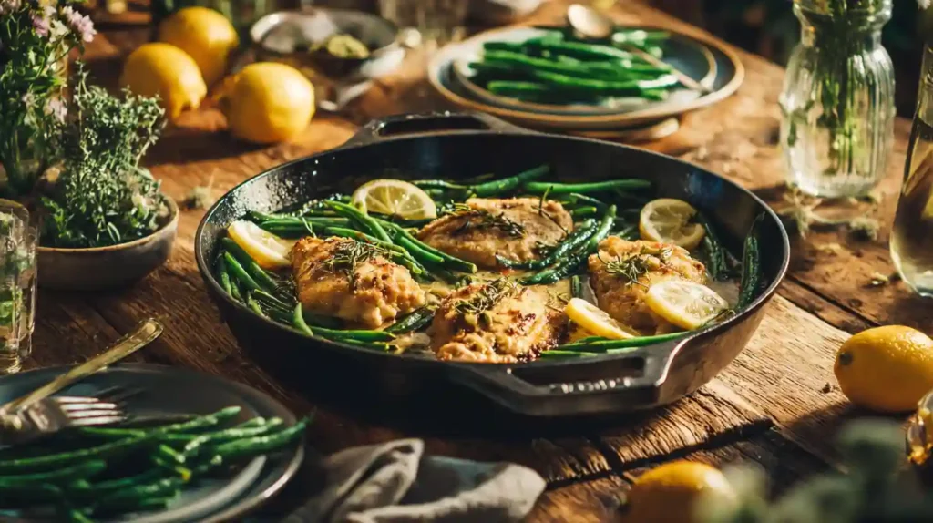 Skillet of garlic butter chicken with green beans and lemon slices on a rustic wooden table set for a cozy, herb-filled dinner.