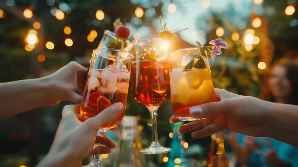 Hands toasting with colorful summer drinks at an outdoor evening party with string lights in the background.