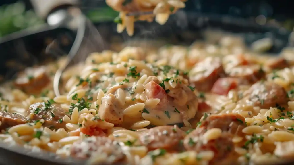 Close-up of creamy chicken sausage orzo being scooped from a skillet, with herbs and steam rising.