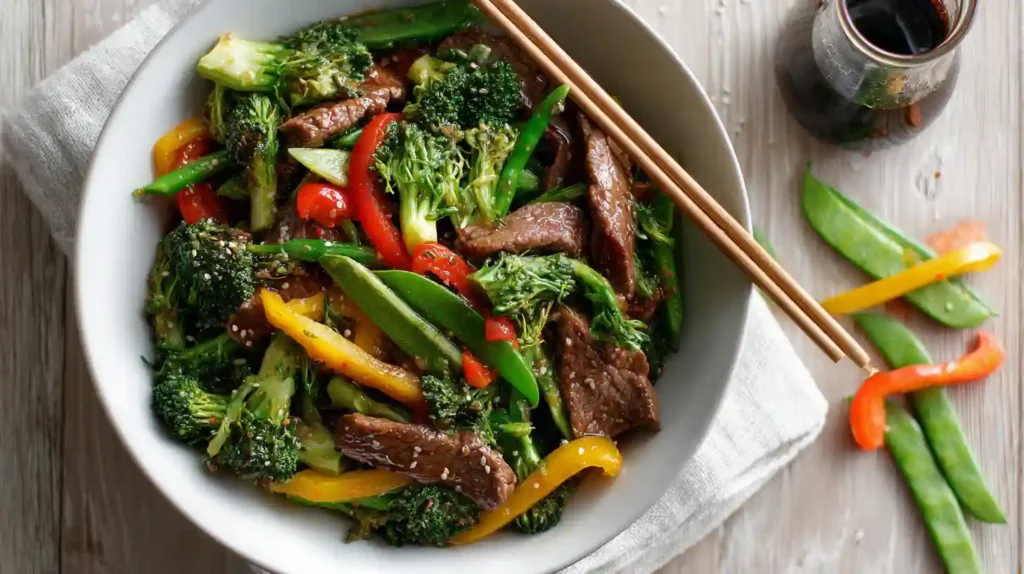 A bowl of Beef and Broccoli stir-fry with beef slices, broccoli, bell peppers, snap peas, and sesame seeds, served with chopsticks and a bottle of soy sauce on the side.