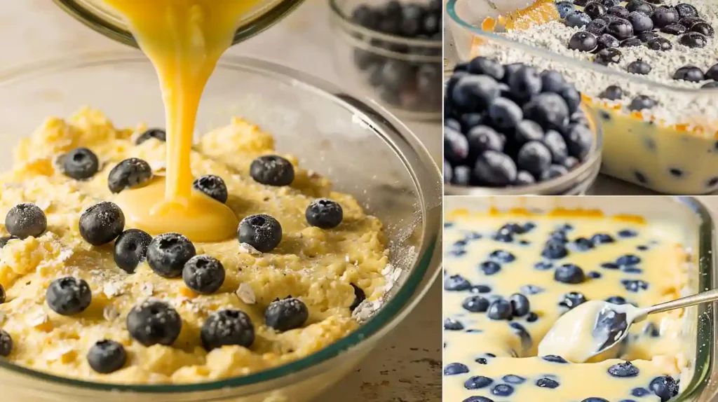 Step-by-step preparation of a blueberry buttermilk pancake casserole with batter being poured and fresh blueberries in glass baking dishes.