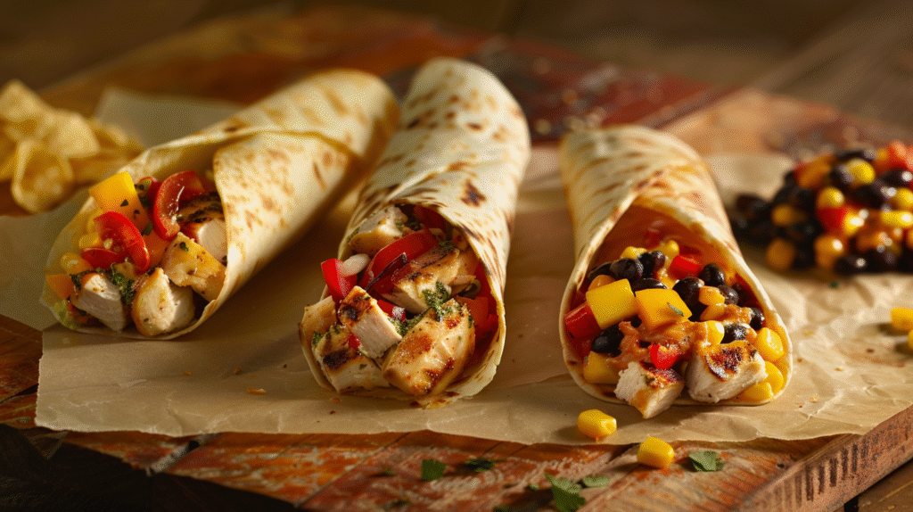 Three grilled chicken wraps on parchment paper: the left wrap has chicken, tomatoes, and yellow peppers; the center wrap features chicken, red peppers, and herbs; the right wrap contains chicken, black beans, and corn.