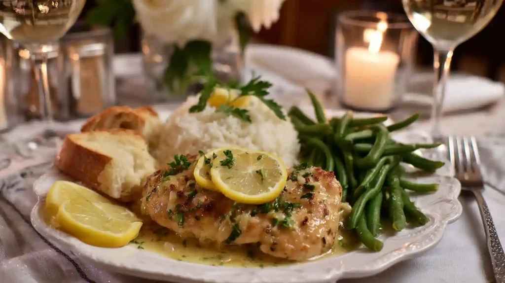 Plated garlic butter chicken topped with lemon slices, served with steamed green beans, white rice, and crusty bread on an elegant dinner table.