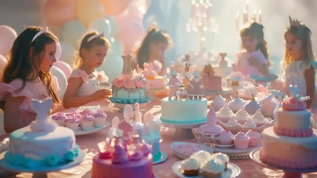 Young girls in princess dresses enjoying a pastel-themed birthday party with cakes, cupcakes, and royal decorations.