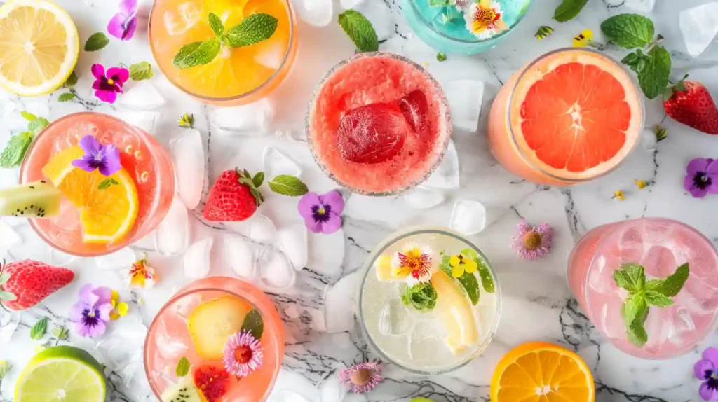 Top view of colorful summer drinks with citrus, berries, edible flowers, and ice on a marble surface.