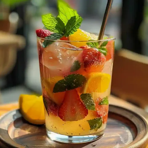 Glass of refreshing summer drink with strawberries, lemon slices, mint leaves, and ice on a wooden table in natural light.