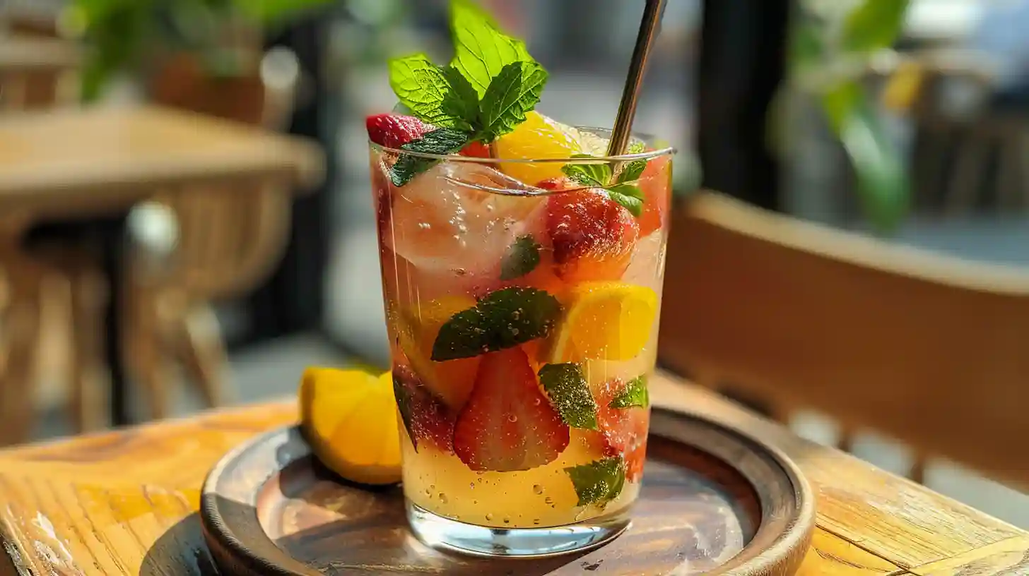 Glass of refreshing summer drink with strawberries, lemon slices, mint leaves, and ice on a wooden table in natural light.