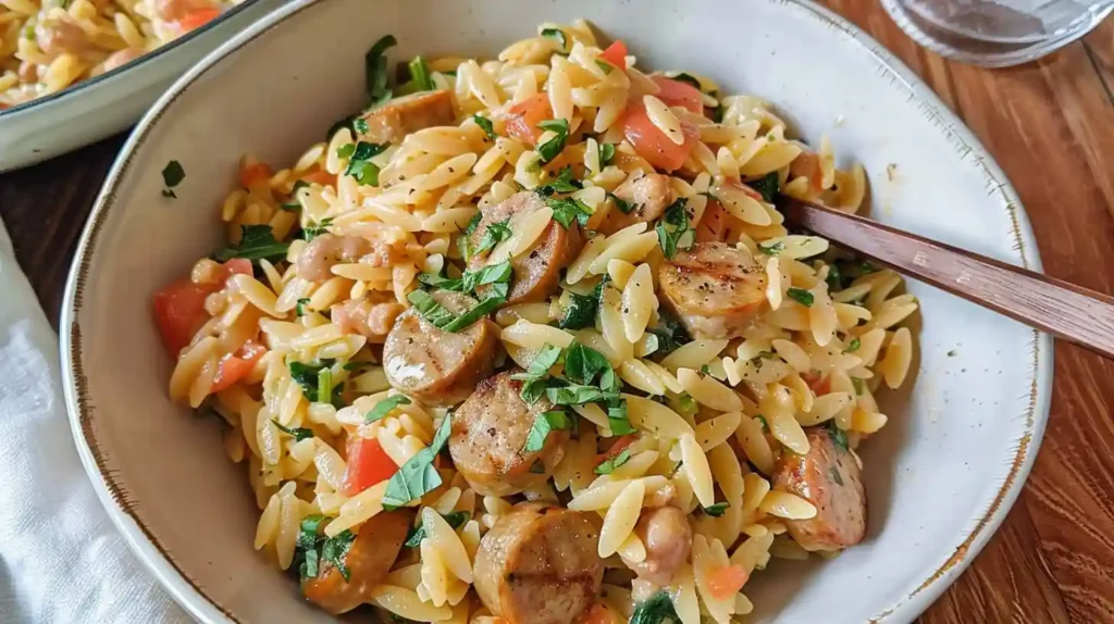 Bowl of creamy chicken sausage orzo with diced tomatoes and herbs, served with a wooden spoon.