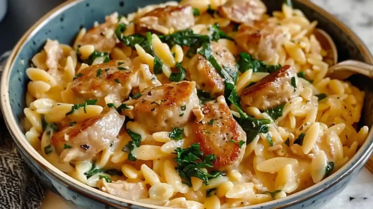 Creamy chicken sausage orzo in a bowl, topped with spinach and herbs, served in a rustic dish with rich, creamy sauce and seared sausage slices.