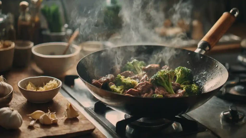 A sizzling Beef and Broccoli stir-fry being cooked in a wok with steam rising, surrounded by fresh garlic, on a rustic kitchen counter.