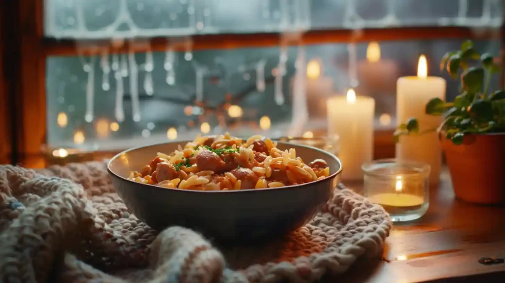 A bowl of creamy chicken sausage orzo on a knitted blanket by a window with candles, on a rainy evening.