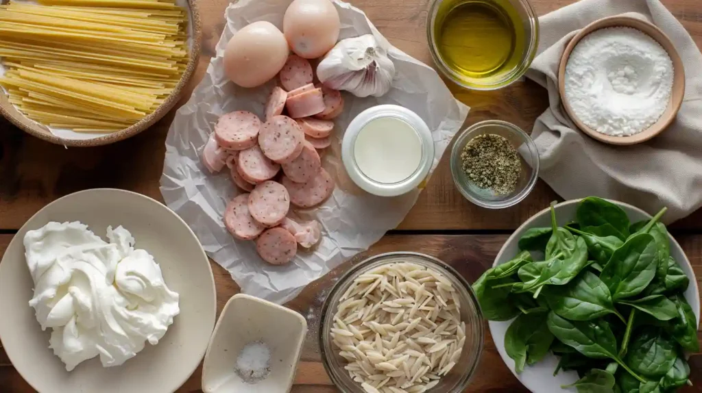 Flat lay of ingredients for creamy chicken sausage orzo, including sliced sausage, orzo, fresh spinach, garlic, cream, olive oil, and spices on a wooden table.