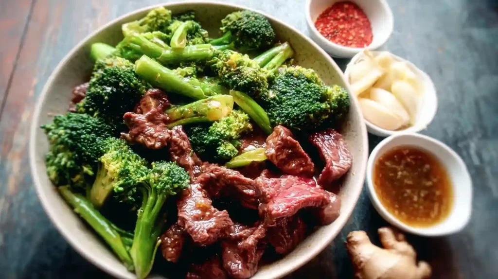 A bowl of Beef and Broccoli stir-fry with sliced beef and broccoli, served with garlic, chili flakes, and dipping sauce on the side.
