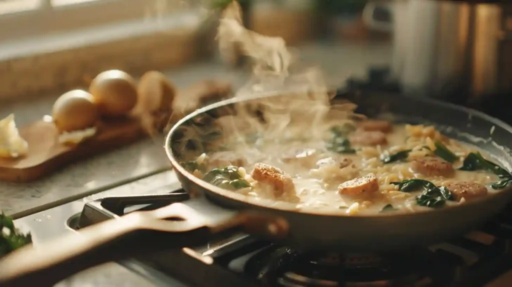 Steam rising from a skillet of creamy chicken sausage orzo with spinach, cooking on a stovetop in natural light.