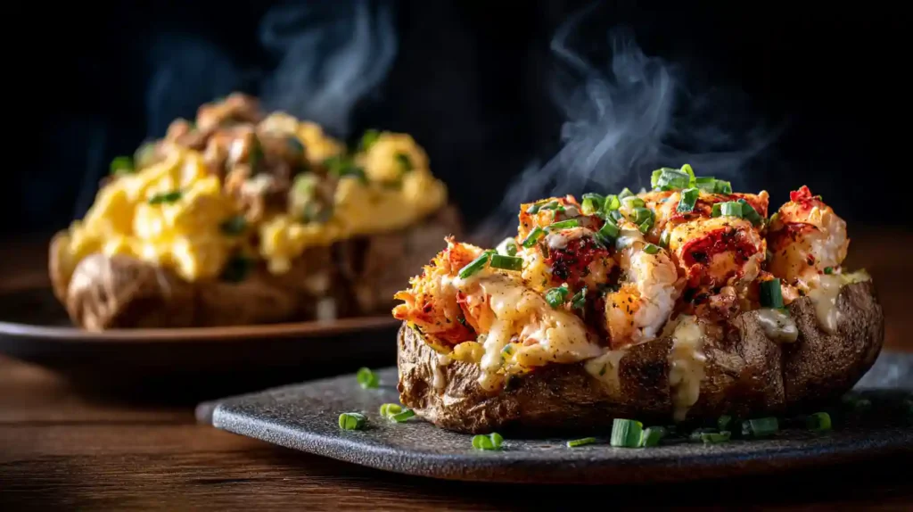 Gourmet stuffed baked potatoes topped with creamy lobster chunks, melted cheese, and chopped green onions, served hot with steam rising.