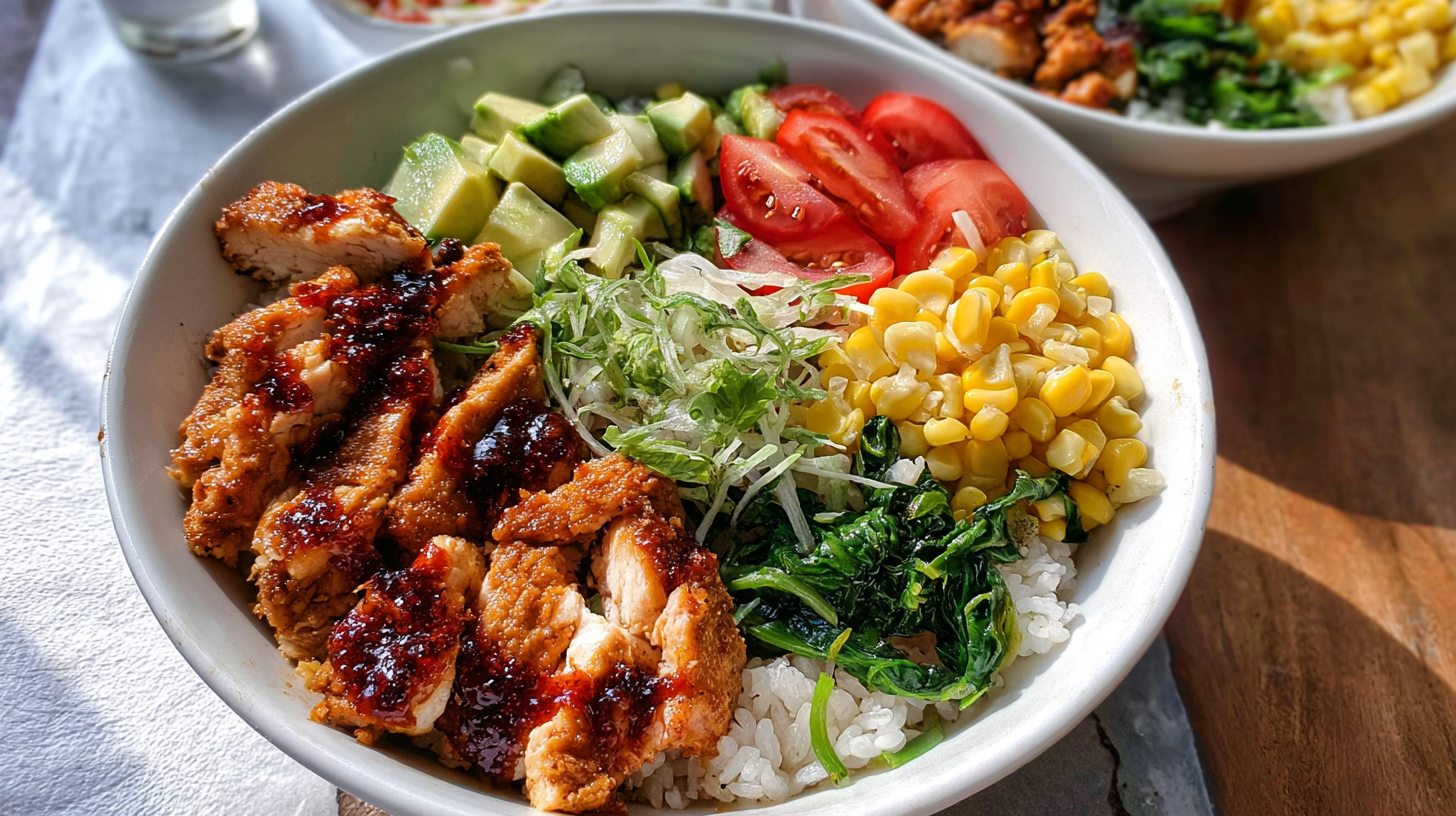 Colorful chicken bowl with grilled chicken, avocado, tomato, corn, greens, shredded lettuce, and rice, drizzled with chili sauce.