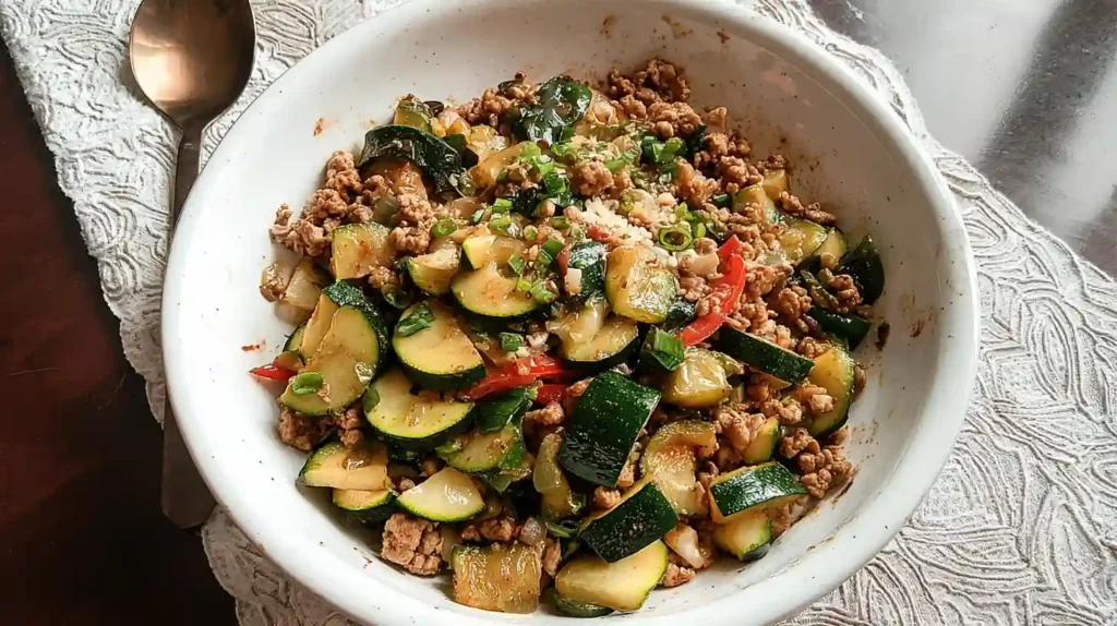 A bowl of ground turkey and sautéed zucchini with red peppers, onions, and green onions, served on a textured placemat.