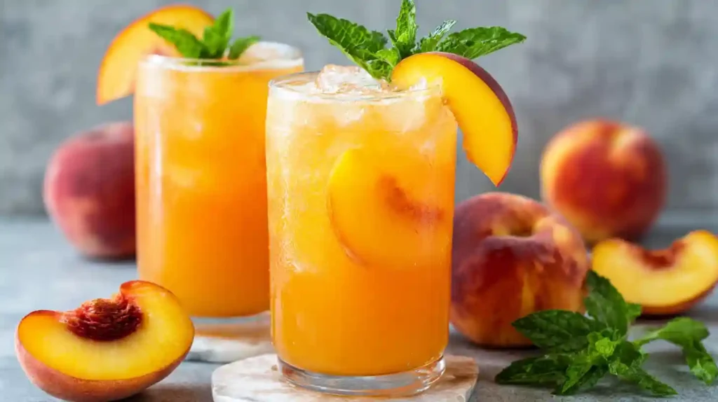 Glasses of easy peach lemonade with ice, peach slices, and mint sprigs, surrounded by whole and halved peaches on a gray background.