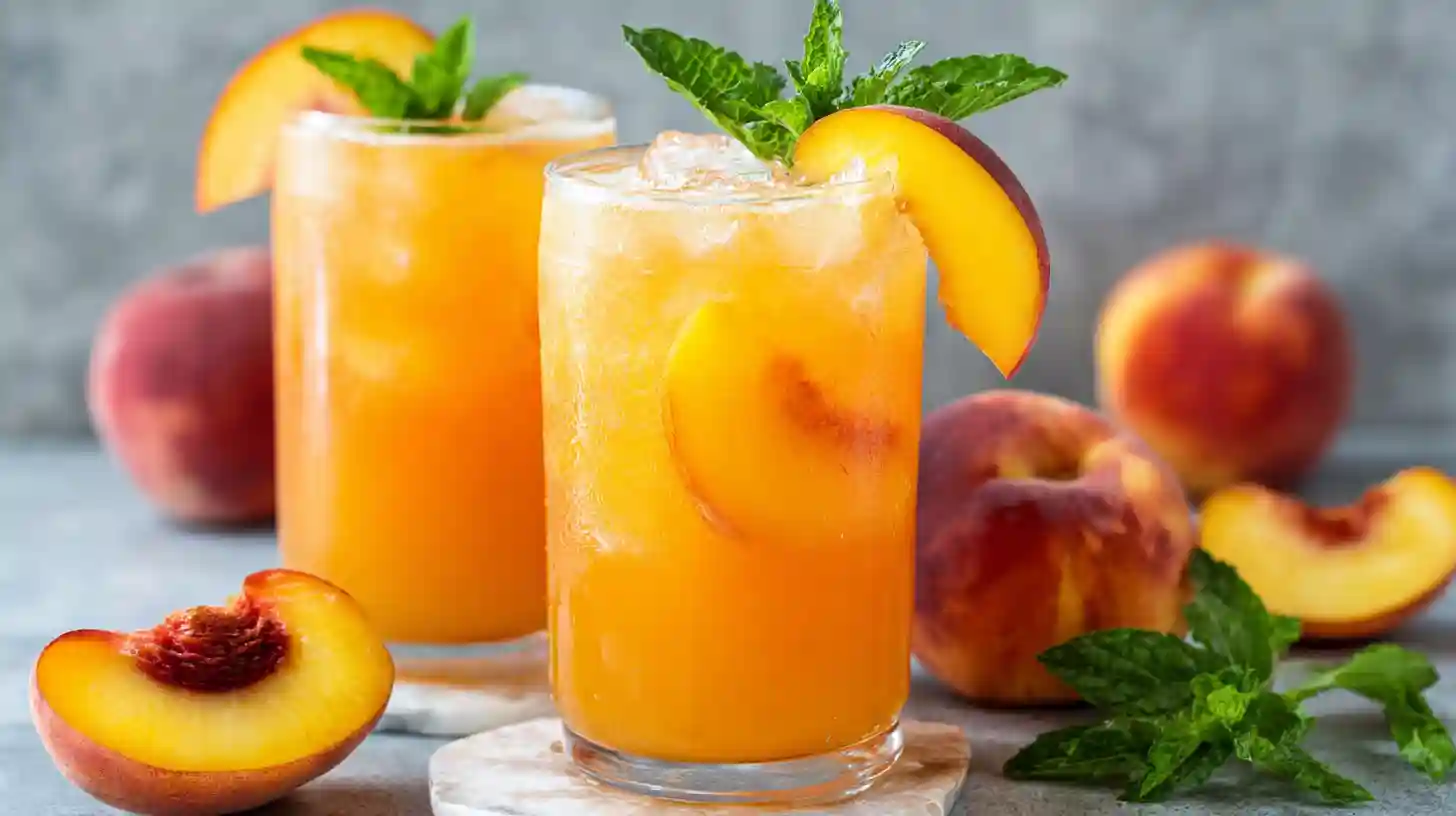 Glasses of easy peach lemonade with ice, peach slices, and mint sprigs, surrounded by whole and halved peaches on a gray background.