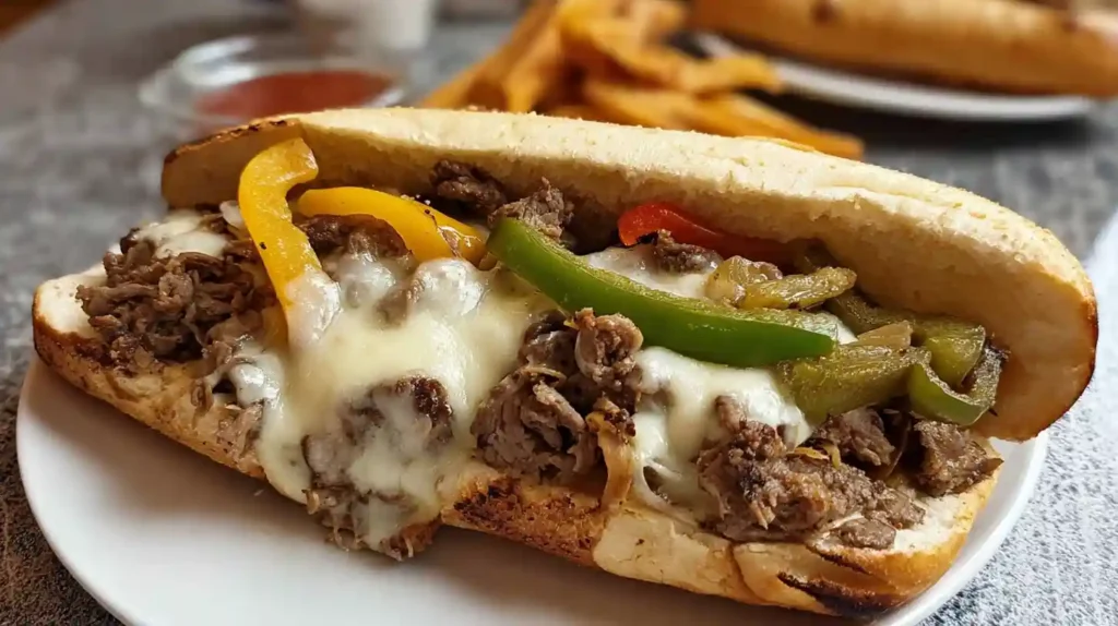 Philly cheesesteak sandwich with melted cheese, sautéed peppers, and sliced steak served on a hoagie roll with fries.