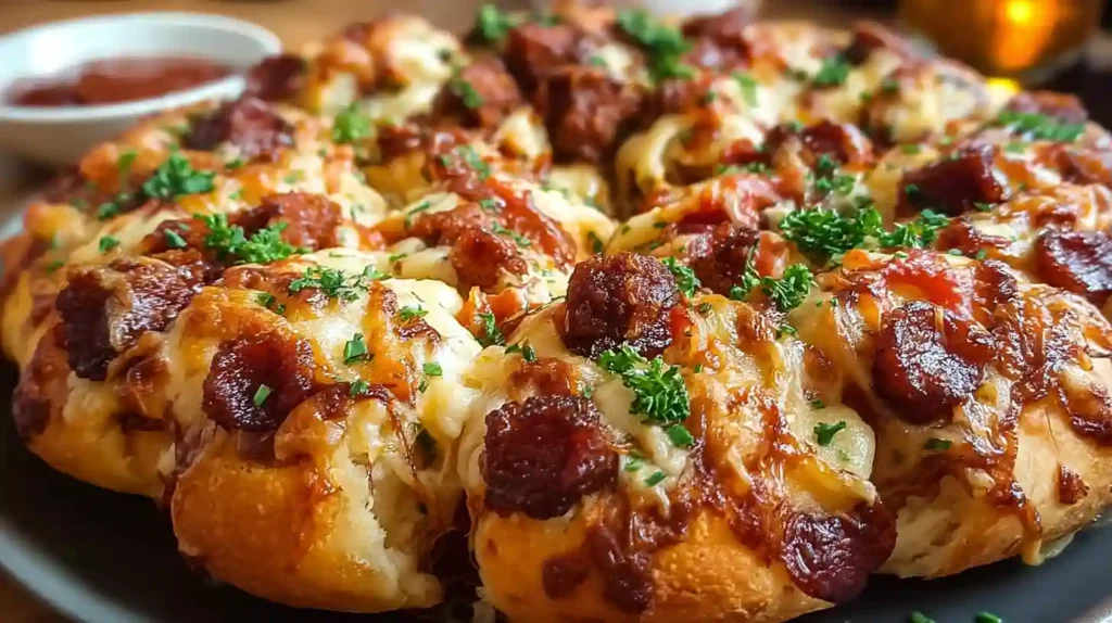 Pull-apart pizza monkey bread topped with sausage, melted cheese, and fresh parsley on a black plate.
