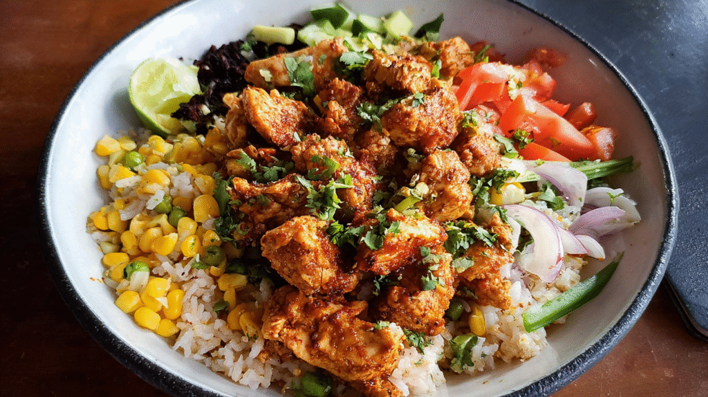 Spicy chicken bowl with seasoned rice, corn, diced tomatoes, onions, avocado, cilantro, and lime served in a ceramic bowl.