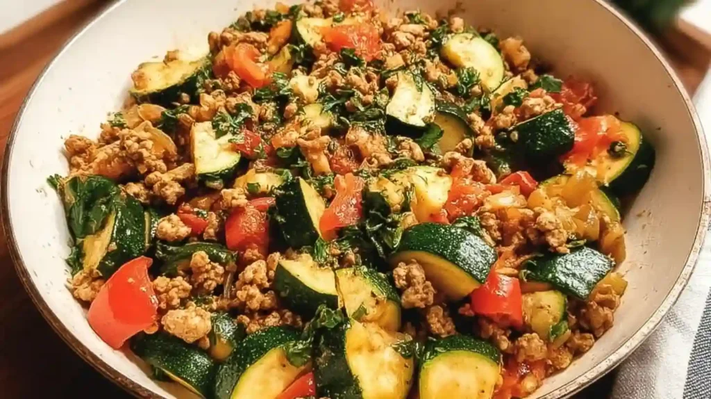 Skillet filled with ground turkey, sautéed zucchini, tomatoes, onions, and spinach, seasoned and ready to serve.