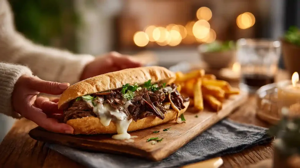 Close-up of a hot Philly cheesesteak sandwich with melted cheese and steak served with fries on a wooden board in a cozy dining setting.