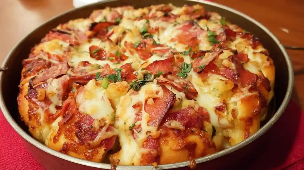 Baked pizza monkey bread in a round pan with melted cheese, pepperoni, ham, and fresh herbs.