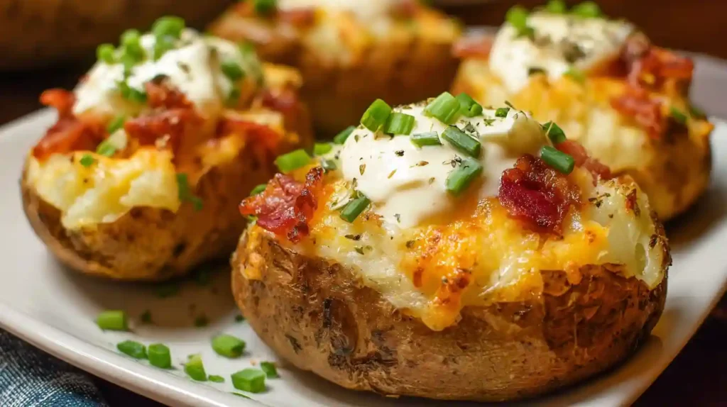 Twice-baked potatoes topped with cheddar cheese, crispy bacon, sour cream, and chopped green onions on a white plate.