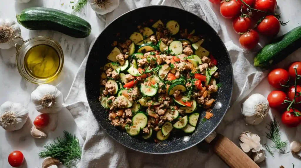 Top-down view of a skillet filled with cooked ground turkey, sliced zucchini, red bell peppers, and herbs, surrounded by fresh ingredients like tomatoes, zucchini, garlic, and olive oil.