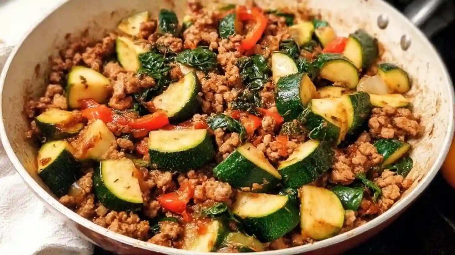 Ground turkey and zucchini skillet with red bell peppers, onions, and wilted spinach in a sauté pan.