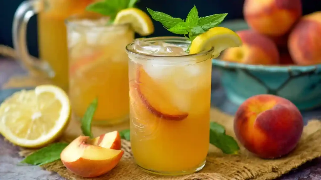 Glass of homemade peach lemonade with peach slices, mint, and lemon wedge, surrounded by fresh peaches and lemon on a rustic surface.