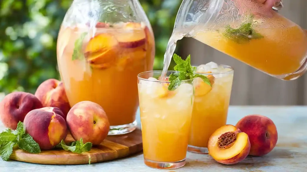 Fresh peach lemonade being poured from a pitcher into a glass with ice and mint, surrounded by whole and sliced peaches on a wooden table.