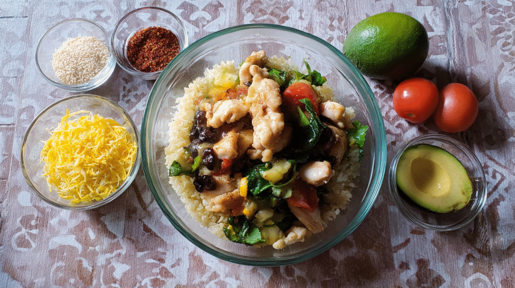 Chicken bowl with rice, sautéed vegetables, and herbs in a glass bowl, surrounded by shredded cheese, sesame seeds, spices, avocado, lime, and tomatoes.