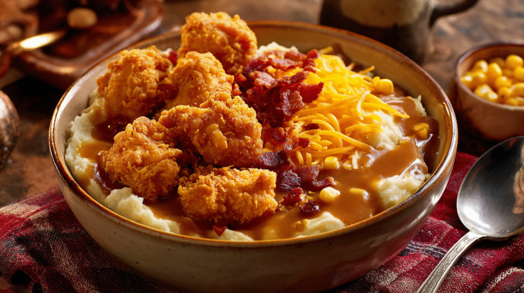 Comfort food chicken bowl with crispy fried chicken, mashed potatoes, brown gravy, shredded cheddar cheese, corn, and bacon bits.