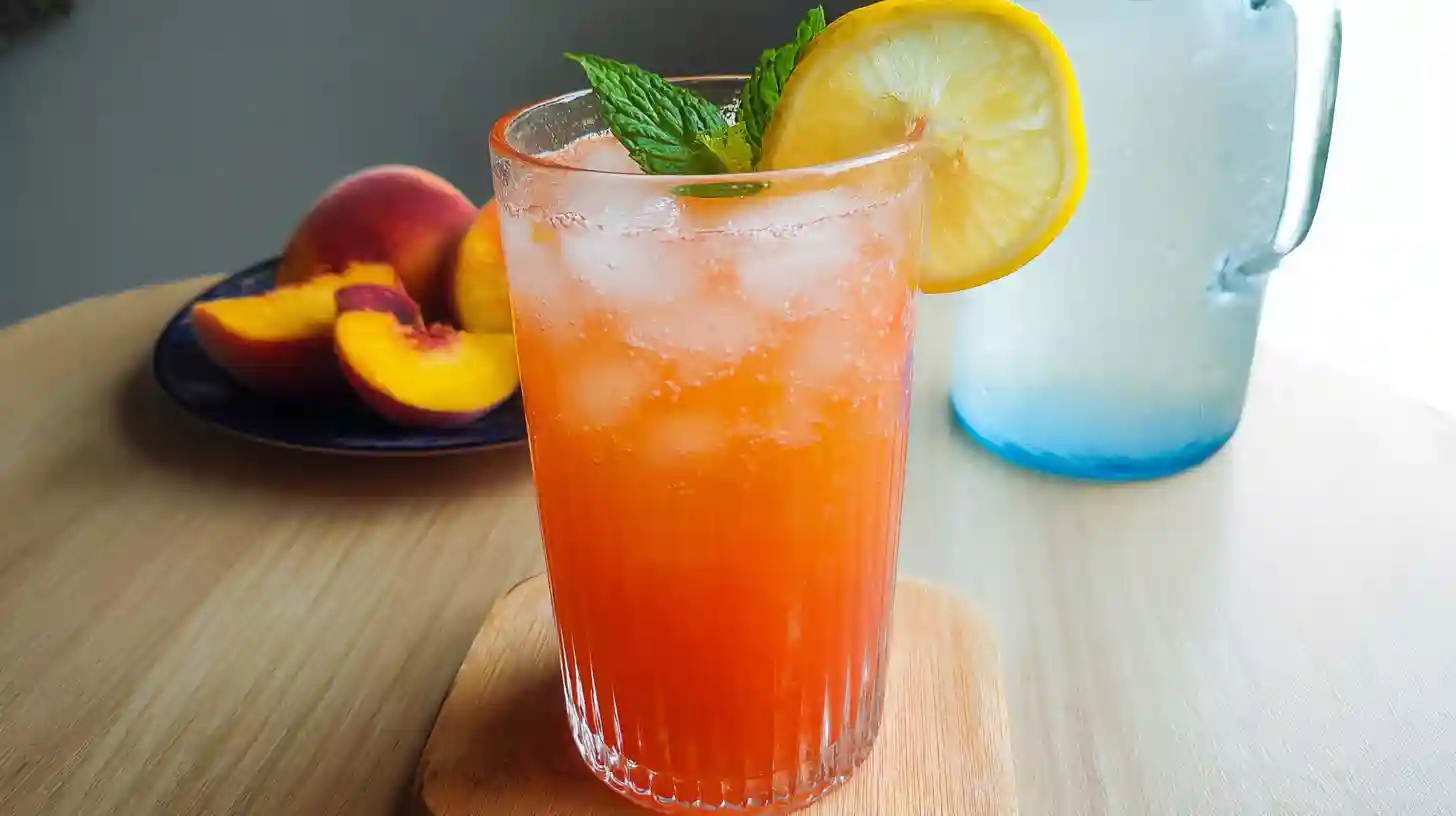 A chilled glass of peach lemonade with ice, mint, and a lemon slice, next to fresh peach slices on a wooden table.