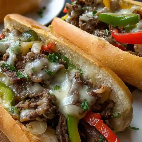 Close-up of two Philly cheesesteak sandwiches loaded with melted cheese, sautéed onions, and colorful bell peppers in hoagie rolls.