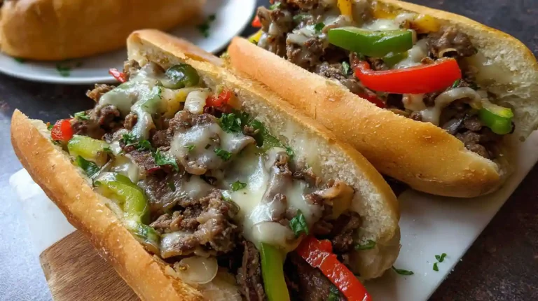Close-up of two Philly cheesesteak sandwiches loaded with melted cheese, sautéed onions, and colorful bell peppers in hoagie rolls.