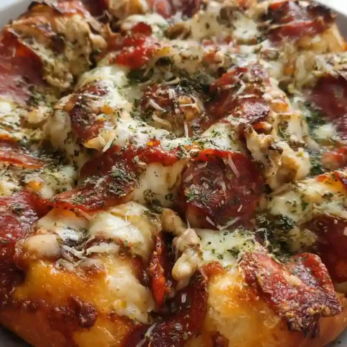 Golden-brown pull-apart pizza monkey bread topped with pepperoni, melted cheese, and Italian herbs.