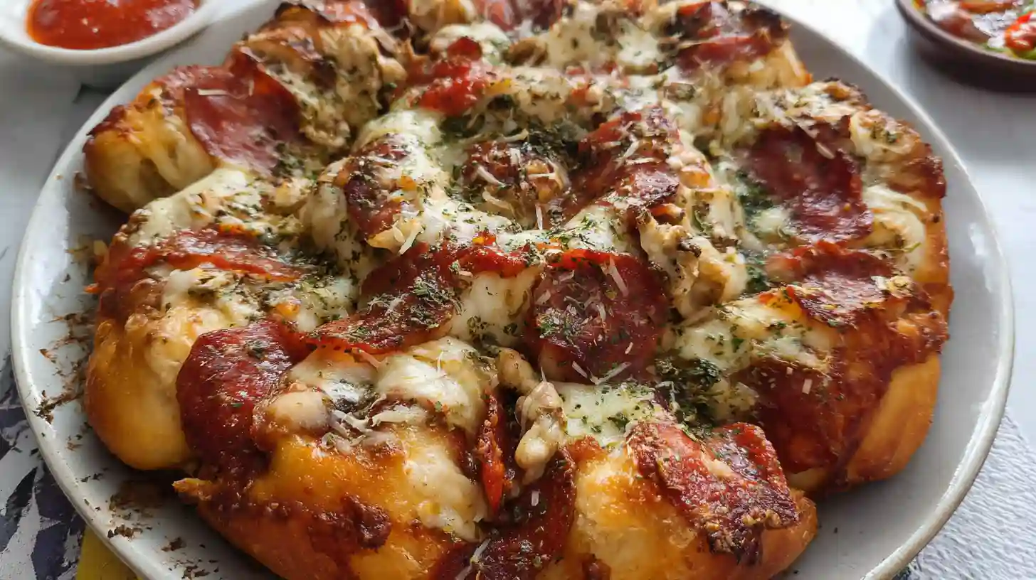 Golden-brown pull-apart pizza monkey bread topped with pepperoni, melted cheese, and Italian herbs.