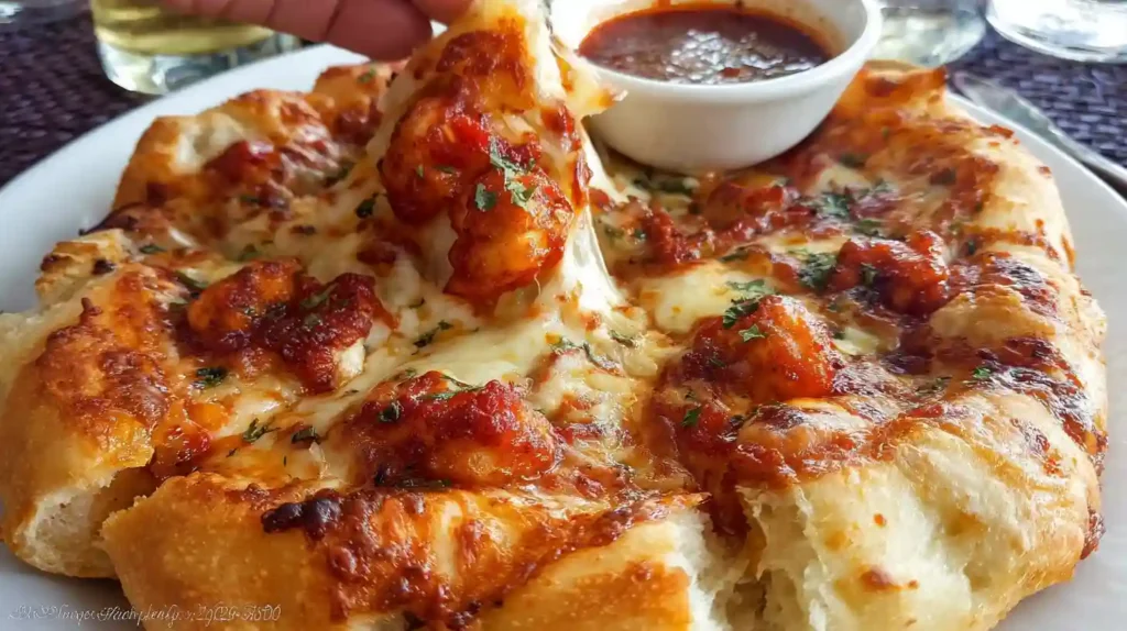 Cheesy pull-apart pizza monkey bread with marinara dip and golden crispy crust.