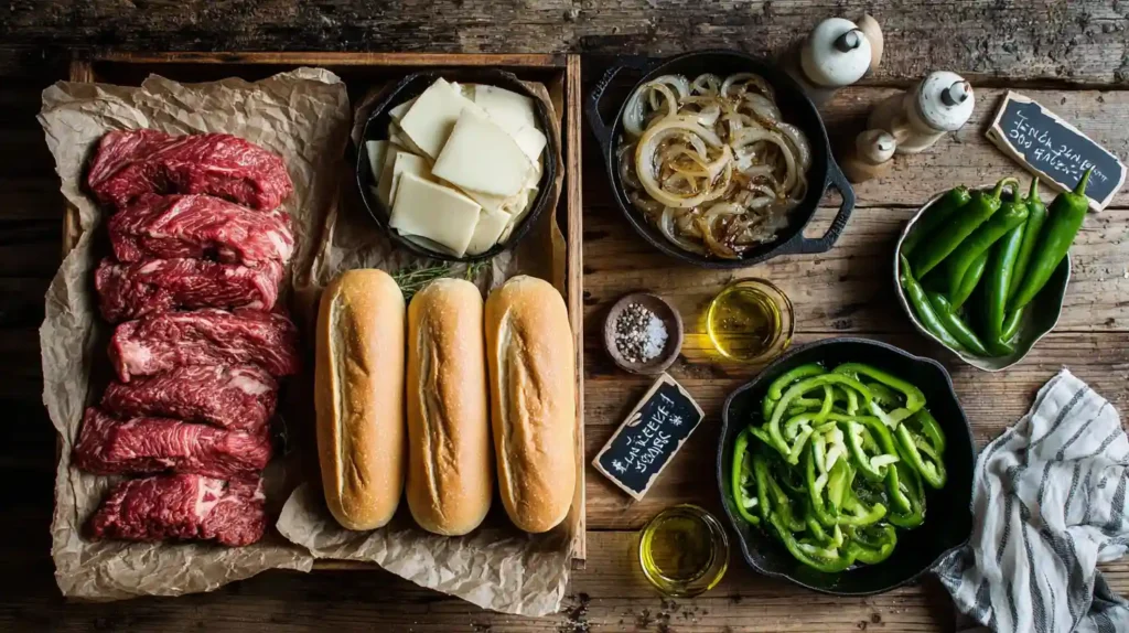 Flat lay of Philly cheesesteak ingredients including raw ribeye, provolone slices, hoagie rolls, sautéed onions, green peppers, and olive oil.